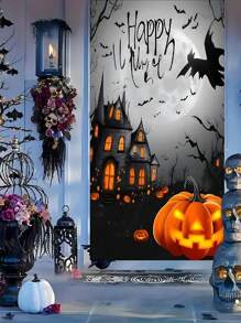 Semn de bun venit 2D pentru ușă de Halloween - Scenă cu castel de dovleac și lună și lilieci - Poliester durabil 70,8x35,4 inci Decor interior/exterior pentru Halloween, grădină, terasă - Nu necesită electricitate, Decorațiune de Halloween, Sărbătoare, Imprimare de înaltă calitate, Decor fără electricitate, Planificator de petreceri