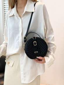 Women Mini Small Round Bag Crocodile Handbag Retro Crossbody Bag - Black - View 3