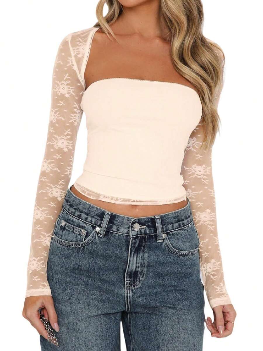 Women Lace Bolero Shrug See Through Floral Cardigan Sheer Mesh Cropped Y2K Going Out Tops Plain Cut & Sew Elegant Casual Rib-Knit - 杏色 - 查看 1
