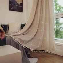 Boho Curtains 84 Inches Long Bedroom, Taupe Cotton Linen White Stripes Embroidery, Chic Hollow Geometric, Semi Blackout Window Vintage Drape With Tassels, 1 Panel W52 X L84, Fashionable Home Decor - 亞麻布 - 查看 9
