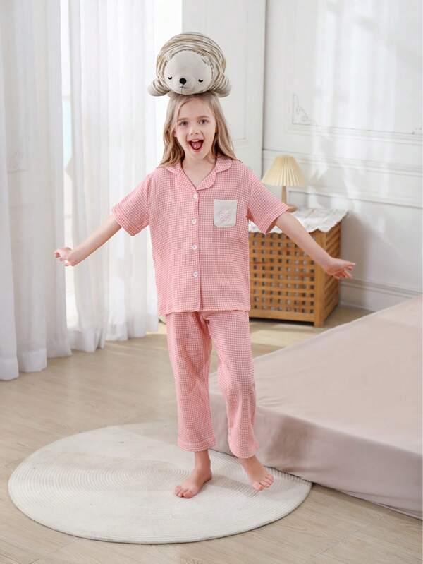 2pcs Button Adorable Girl Pajama Set Spring Summer Fall Short Sleeve Pink Tartan Print Collared Shirt & Matching Pants Soft Cotton Cute Home Sleepwear With Pockets For 7-12 Years Old Age Kids  Homewear