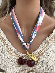 1pc Bohemian Style Creative Fashion Light Luxury Elegant Copper Cherry Printed Fabric Scarf Necklace Ladies Sister Couple Graduation Jewelry Gift, Suitable For Daily Dating Party Holiday Gift Summer Beach Vacation Wear