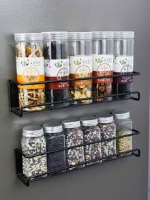 1/2/4 Piezas, Estantería de especias de acero inoxidable, Estantería de almacenamiento sin taladrar, Estantería de almacenamiento de botellas de condimentos de cocina, Decoración de pared, Decoración del hogar. - Negro - Ver 5