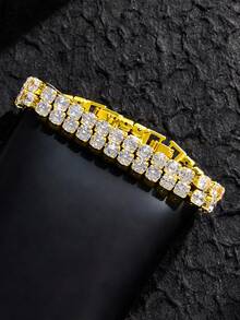 SEQUITO 1 件高档镀黄金男女款手链珠宝密钉镶嵌双排方形闪亮 AAAAA 方晶锆石晚会串手链