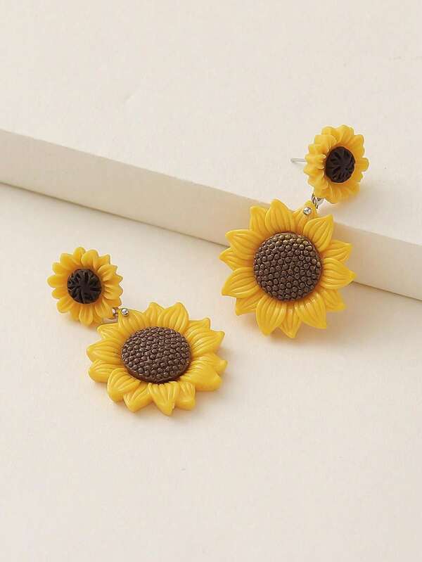 1pair Cute And Lovely Resin Sunflower Dangle Earrings With Countryside Style, Suitable For Women To Wear At Lawn Party, Casual Travel And Daily Life. Valentines