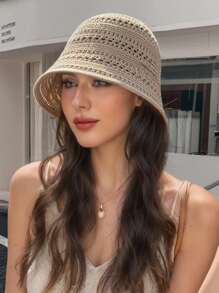 1pc Women's Summer Fashion Hollow Woven Bucket Hat, Outdoor Small Brim Knitted Basin Cap, Versatile Sun Hat