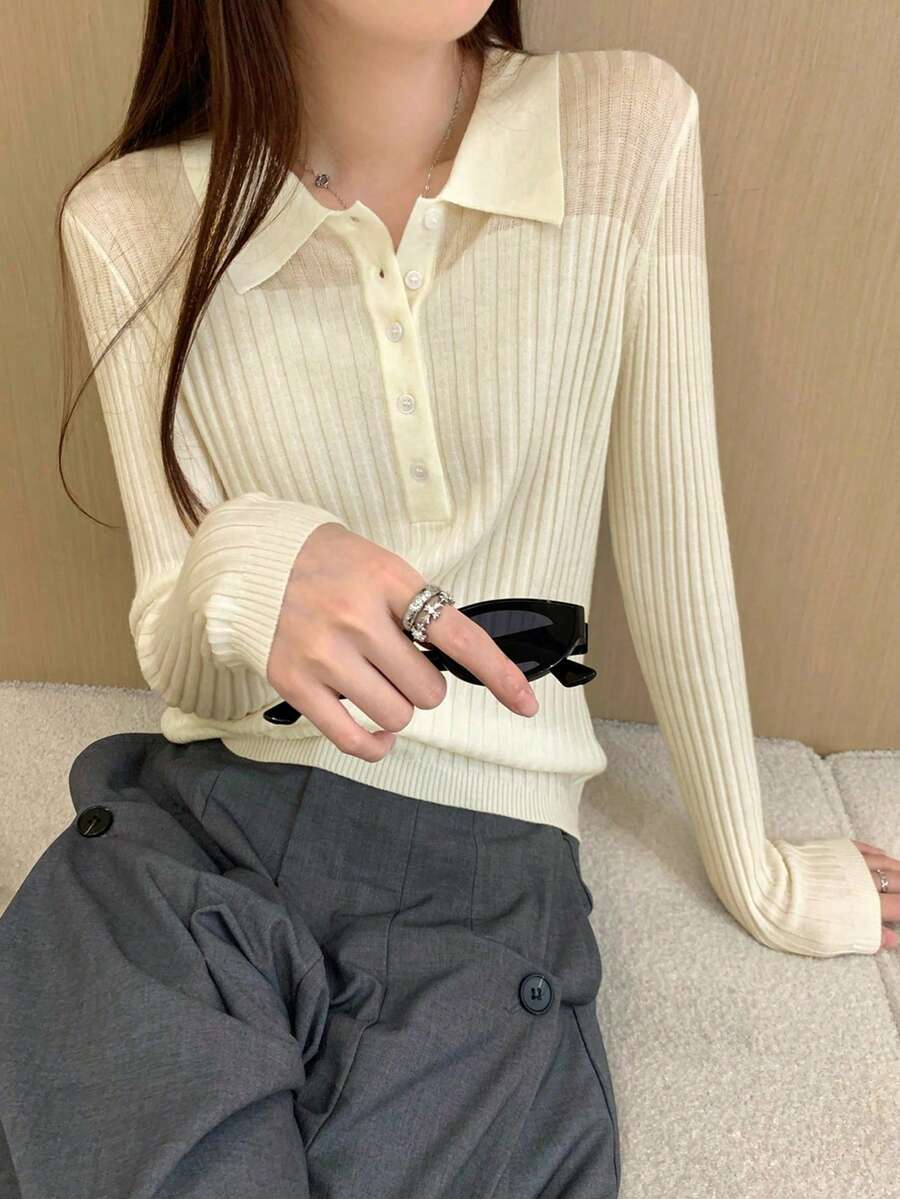 Autumn/Winter Korean Stylish Polo Collar Sheer Versatile 6-Thread Wool Knit Sweater, Long Sleeve Pullover Top - Apricot - View 1