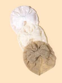 Set de 3 gorros de bebé recién nacido en unicolor, elásticos, con venda de moño - Multicolor - Ver 33