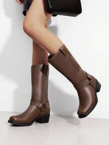 Dream Pairs Women's Motorcycle Boots Fashion Casual Slip-On Buckle  Square Toe, Western Boots Chunky Heel  Autumn & Winter Tall Boots,Knee High Boots , Mid-Calf Boots For Festival Go With Dress Brown Boots - 棕色 - 查看 3