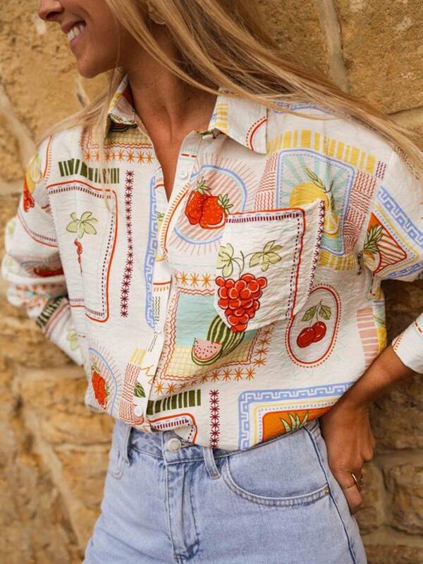 Camisa de mujer de manga larga con botones, blusa con bolsillo estampado, uso casual para el día a día, otoño/invierno