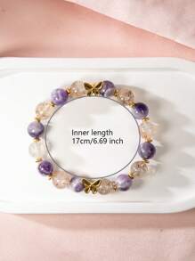 2 Pcs/Set Ring & Bracelet, Adjustable Ring For Women, High Quality Natural Purple Crystals Bracelets With Golden Butterfly Pendant, 10mm Beads Jewelrys For Travel Wear By Women, Best Friend Gift