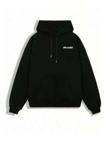Plus Size Men Japanese Cat Character Print Drawstring Casual Loose Hoodie, Autumn/Winter, Long Sleeve Top - Black - View 2