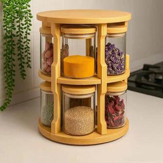 2-Tier Wooden Spice Rack Set With 65mm X 100mm Glass Seasoning Jars, Wooden Condiment Holder, 2-Layer Rotating Kitchen Shelf, Cabinet Spice Storage Organizer, Airtight Food Containers, Glass Sealed Jars