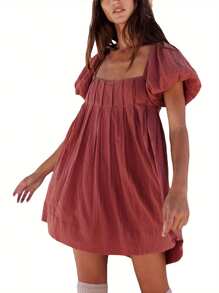 Women's Summer Babydoll Short Dresses Solid Color Short Puff Sleeve Square Neck Cross Tie Back Dress For Girls