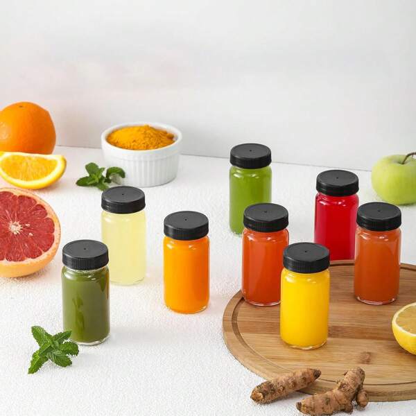 6pcs Glass Bottles With Black Caps And Labels, 60ML/2oz Capacity Small Jars, Leak-Proof