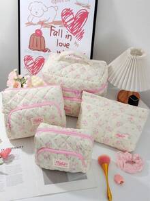 1 Peça/Conjunto de Bolsa Cosmética Acolchoada com Flores Rosas Fofas e Múltiplos Bolsos. Bolsa Cosmética Multifuncional e Portátil. Adequada para Cosméticos, Produtos de Cuidados com a Pele, Protetor Solar, Creme para as Mãos, Joias, Moedas, Absorventes, Fones de Ouvido, Telefones Celulares, Pequenos Itens e Outras Necessidades de Viagem, Necessidades de Cruzeiro, Necessidades de Dormitório, Presentes para Boas Amigas, Presentes de Dama de Honra, Presentes para Professores, Presentes de Aniversário, Presentes de Festa.