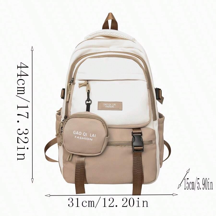 1 PC Back To School Extra Large School Bag With Laptop Compartment Suitable For 16.5-Inch Laptops Casual All-Purpose Backpack Purse Simple Colorblock Nylon School Backpack With Adjustable Strap& Luggage Strap Design Bookbags Lightweight Portable Zipper With Small Wallet Bag Pack Perfect For Graduate &Teens&Teen Girls &Men And Women For Outdoors & Travel &Junior High School& Senior High School&University - Khaki - View 1