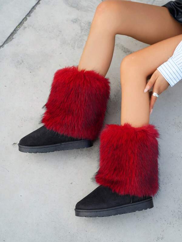Women Fuzzy Round Toe Tall Boots Casual Commuter Business Solid Color TPR (Thermoplastic Rubber Material) Faux Fur Trim Chunky Heel Platform Slip On For Home Vacation Outdoor, Autumn/Winter