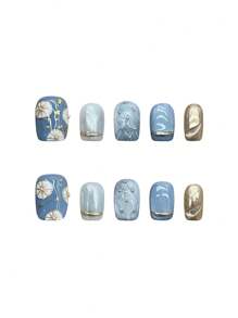 10 piezas Uñas postizas cortas de estilo francés con estampado bohemio azul y brillantes para uso en escenario y actuaciones