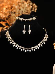 4 件奢华锆石几何项链、耳环和手链套装 - 适合女性日常通勤、校园约会、婚礼派对、情人节节日礼物 - 精緻百搭項鍊套裝 - 查看 7