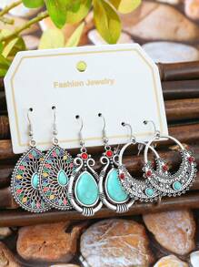 TopHanqi 3 Paar modische Ohrringe Set für Damen, vintage silberne Türkis-Hängeohrringe, einzigartige geometrische runde und Blumen-Statement-Ohrringe, für den Alltag, Partys, als Geschenk, für alle Jahreszeiten