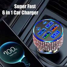 1pc 2-Port/4-Port/6-Port/8-Port Car Charger, Diamond Bling Bling 3-In-1 Charging Cable, Fast Charging, Type C, USB, Car Adapter, USB A To Type C, Type C To Type C Compatible With Phones, Dashcam, GPS, Men/Women Holiday/Birthday Gift