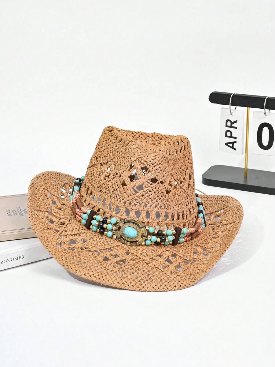 1pc Women's Khaki Wavy Striped Bow Beach Sun Hat, Elegant For Seaside Travel Holiday - MZ3001 - View 1