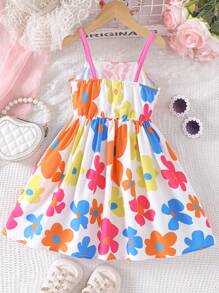 Young Girls Cute Floral Spaghetti Strap Big Bow Tie Vacation Style Sundress For Summer