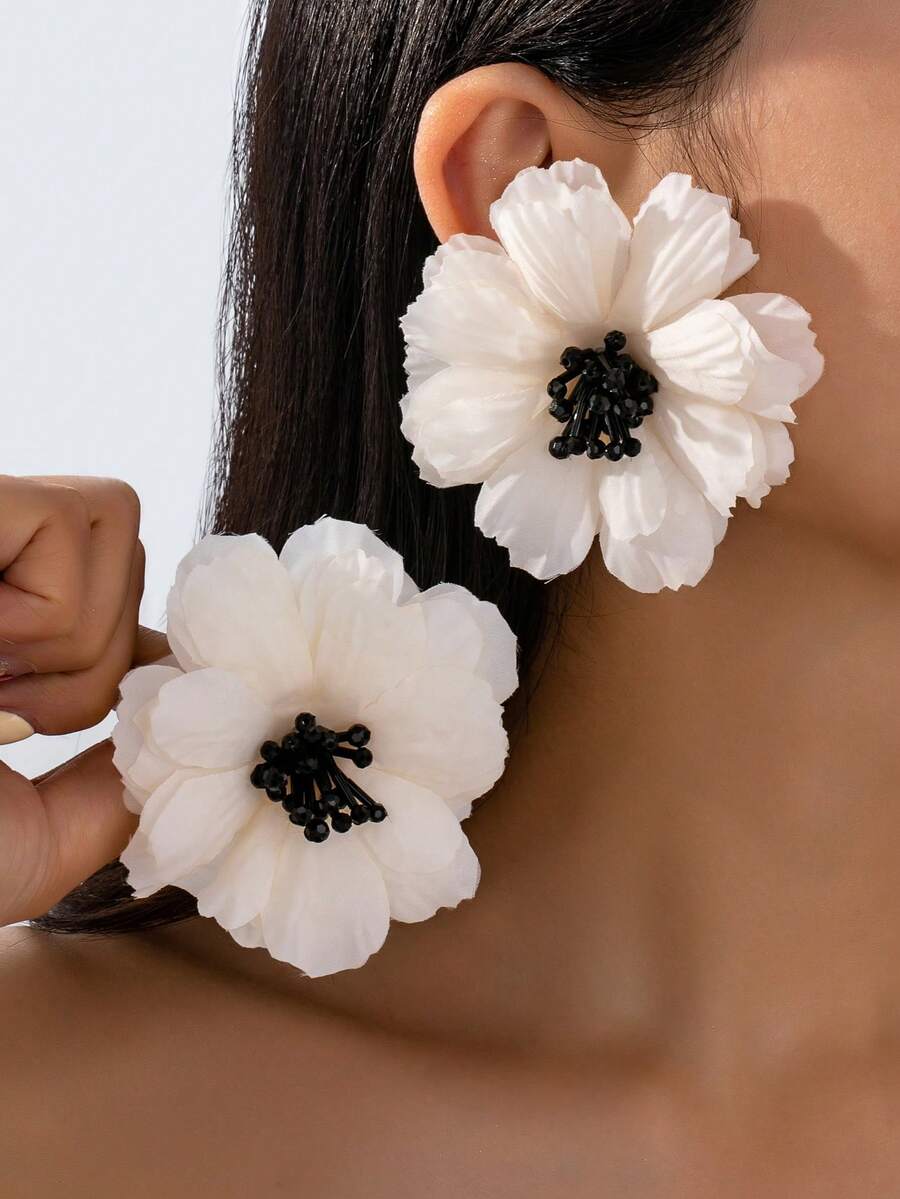 1 Cặp Hoa tai vải thời trang cổ điển, Hoa tai đinh tán hoa lớn không dệt cao cấp, Phụ kiện hàng ngày đẹp - Hoa tai L104 - Xem 1