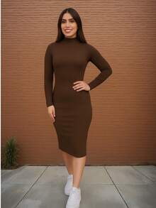 Ribbed Knit Midi Dress With Long Sleeves And High Neck - Rust Brown - View 1