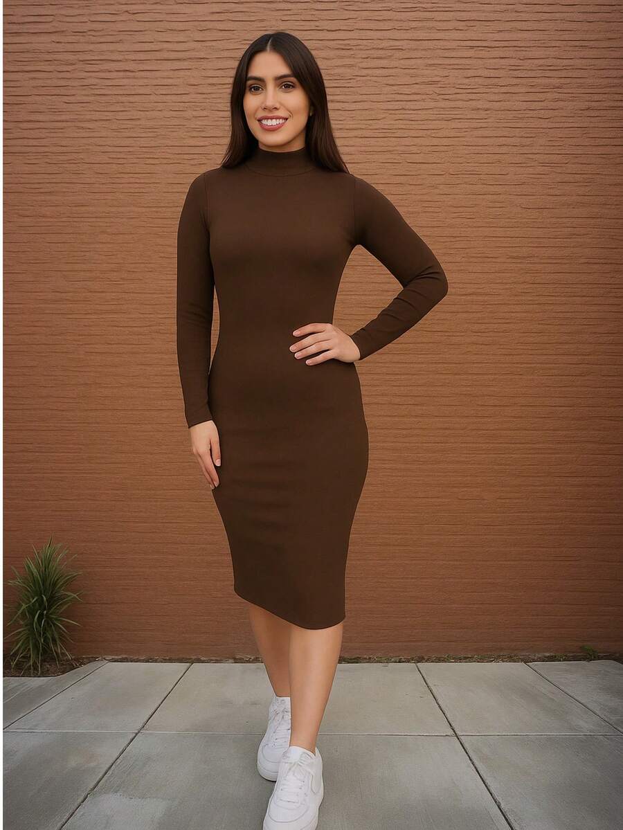 Ribbed Knit Midi Dress With Long Sleeves And High Neck - Rust Brown - View 1