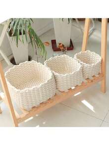 棉线编织方形收纳篮，日式米色收纳篮，用于桌面杂物收纳、零食玩具及钥匙收纳整理方形手工编织棉绳桌面收纳篮，用于整理收纳杂物零食手工草编软收纳 - 米色 - 查看 2