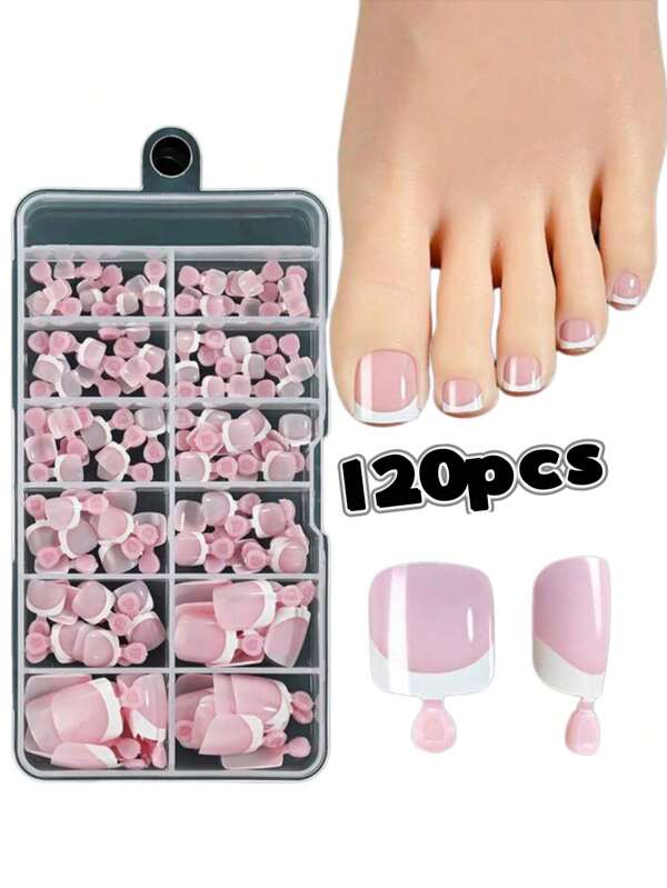 120 piezas de uñas postizas para los dedos de los pies con puntas francesas cortas, de colores múltiples, acabado brillante y forma cuadrada. Uñas postizas completas de gel suave para los dedos de los pies que se pueden quitar remojándolas, uñas postizas de lujo para mujeres y niñas, extensión de uñas para uso doméstico o en salón de belleza - Pedicura DIY