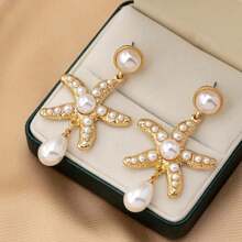 1 par de aretes con colgante de gota de agua con perla de estilo oceánico para mujeres, perfectos para usar durante las vacaciones en la playa