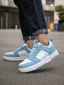 男士时尚拼布复古印花系带低帮帆布运动鞋，舒适轻便休闲运动鞋，适合日常和户外穿着，四季皆宜 - 白月 - 查看 10