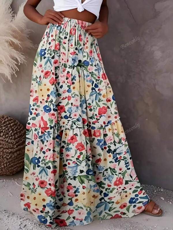 Plus Size Women Elegant Ditsy Floral Loose Slimming Long Skirt
