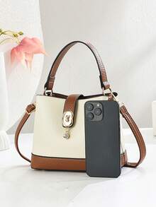 Set Of Women's Small Handbag, Fashion Shoulder Bag, Patchwork Color Bucket Bag - Beige - View 3