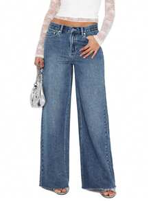 Women's Wide Leg High Waisted Raw Hem Loose Baggy Jeans Denim Pants - Màu xanh lam - Xem 2