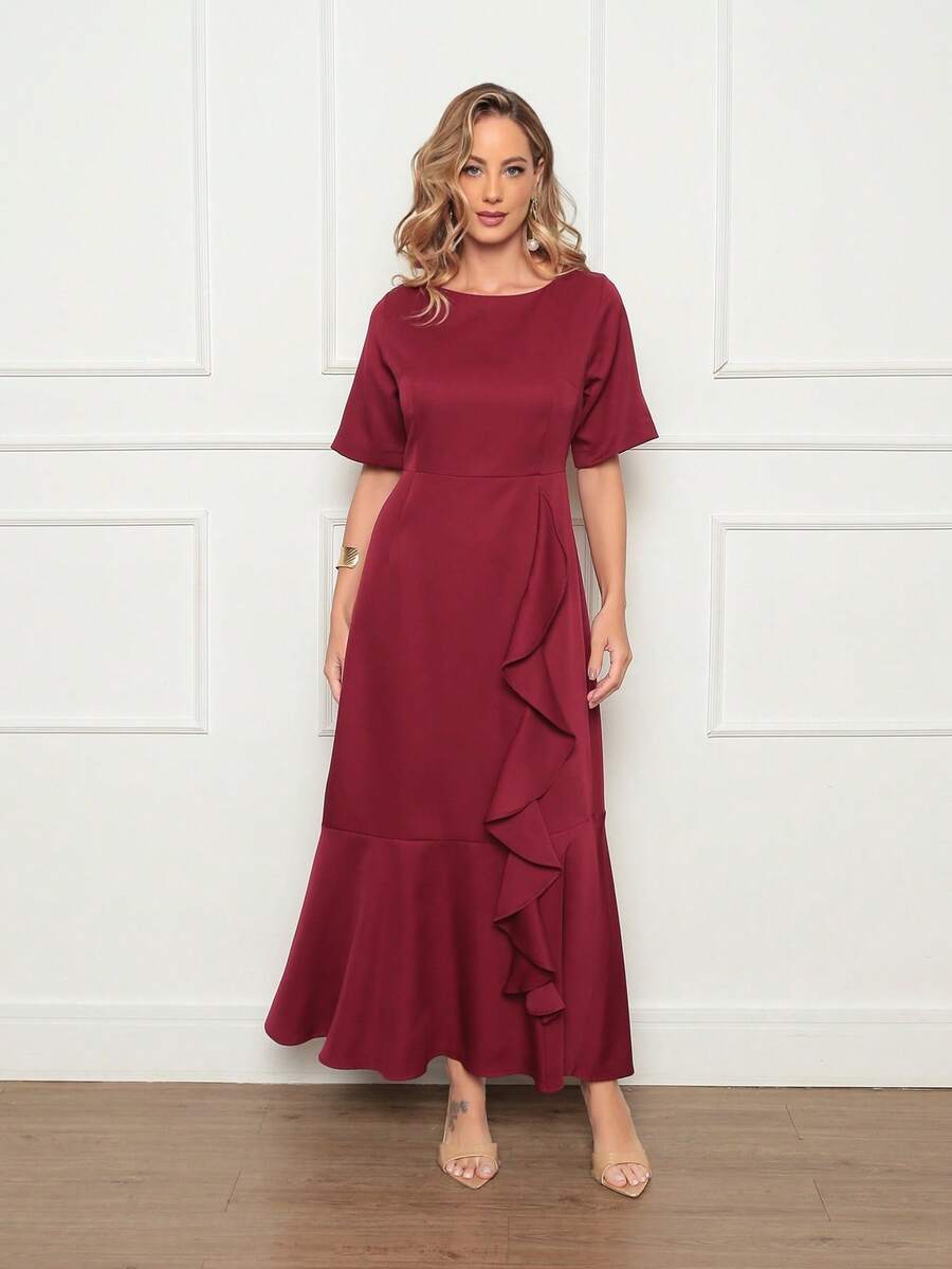 Long Evangelical Dress Short Sleeve Elegant Party Style - 酒紅色 - 查看 1