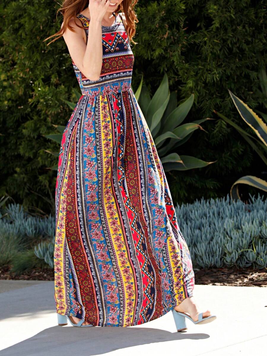 Boho Retro Polka Dot Rayon Mix Casual  Maxi Dress With Folded Cap Sleeve Side Pockets Versatile Summer Dress For Women - 彩色 - 查看 1
