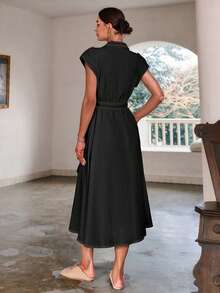Sollinarry Women's Spring/Summer New Zipper Pocket Decor Long Dress, Vintage Style, Suitable For Office, Teacher Attire Elegant - Black - View 5