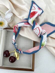 1pc Bohemian Style Creative Fashion Light Luxury Elegant Copper Cherry Printed Fabric Scarf Necklace Ladies Sister Couple Graduation Jewelry Gift, Suitable For Daily Dating Party Holiday Gift Summer Beach Vacation Wear