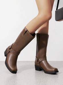 Dream Pairs Women's Motorcycle Boots Fashion Casual Slip-On Buckle  Square Toe, Western Boots Chunky Heel  Autumn & Winter Tall Boots,Knee High Boots , Mid-Calf Boots For Festival Go With Dress Brown Boots - 棕色 - 查看 4