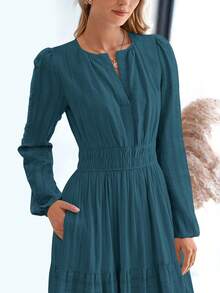 Women Fall Maxi Dresses Long Sleeve High Waist Tiered Flowy A-Line Boho Bohemian Long Dress Beach Holiday Vacation Wedding Guest Valentine Outfit - 湖藍色 - 查看 5