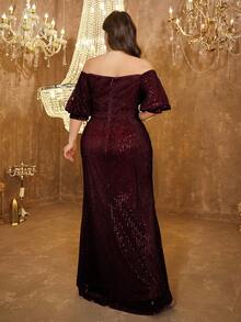 UNITHORSE Plus Size Women's Off-Shoulder Backless Sequins Bodycon Party Elegant Evening Dress, Bride Dress, Birthday Outfits, Graduation Dress, Formal Dress, Fall Women Clothes - Màu Đỏ Sâu - Xem 2