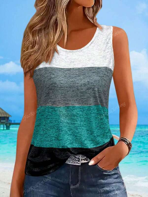 Neue stilvolle, leichte und elegante, vielseitig einsetzbare Damen Slim Fit ärmelloses Top, geeignet für Lässig, Urlaub, Büro, Reisen, Sommer. Farbblock Muster ärmelloses lässiges Top für Frauen