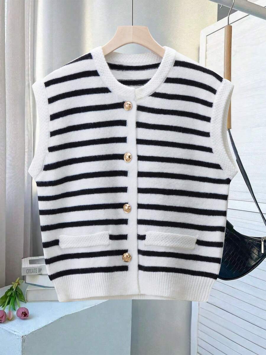 全新休闲条纹无袖针织金属纽扣开衫背心，返校季 - 白色 - 查看 1