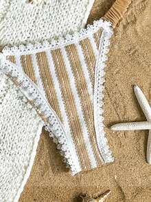 2025返校季女士波西米亚蕾丝条纹纹理面料泳衣，度假三角杯比基尼，荷叶边下装 - 彩色 - 查看 6