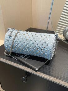 Women's Denim Studded Star Chain Bucket Bag, Elegant Lady Style Crossbody Bag For Party, Casual, Sweet Girl