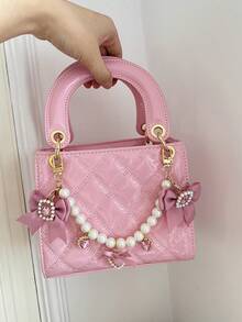 1pc PU Leather Quilted Handbag With Embroidered Strap, Versatile Lacquered Leather Tote Bag, Structured Mini Crossbody Bag, Geometric Pattern Purse - Pink - View 5